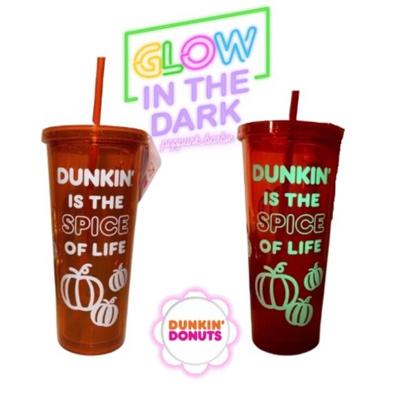 Dunkin Donuts Glow In The Dark Orange Pumpkin Fall Witch Halloween Tumbler Cup - Picture 1 of 8